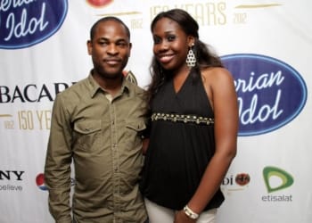 (L-R): Director, Brands and Communications, Etisalat Nigeria, Mr. Enitan Denloye with Nigerian Idol evictee, Lynda Giami at the eviction party held for Lynda Giami at De Marquee V/I on Friday, March 9, 2012.